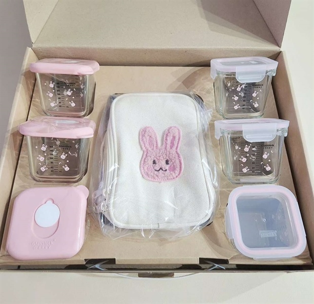 Glasslockbaby Set hũ trữ thủy tinh Thỏ hồng