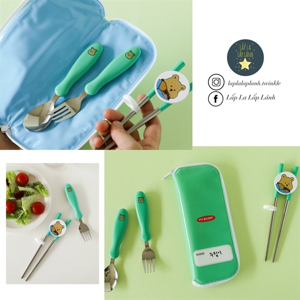 Dailylike Set muỗng nĩa đũa tập gắp Gấu xanh nhạt