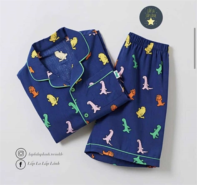 Spaokids Set pyjama Khủng long nền xanh đậm ngắn tay size 160