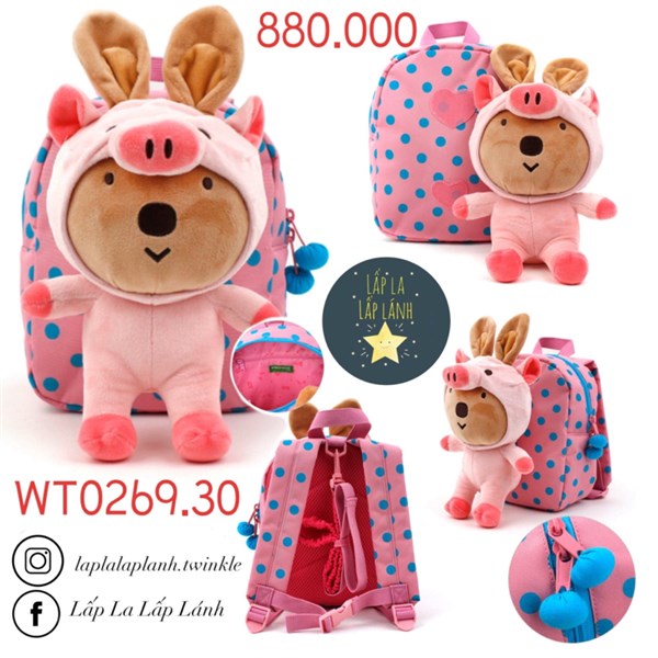 Winghouse Balo Gấu heo chấm bi xanh vuông