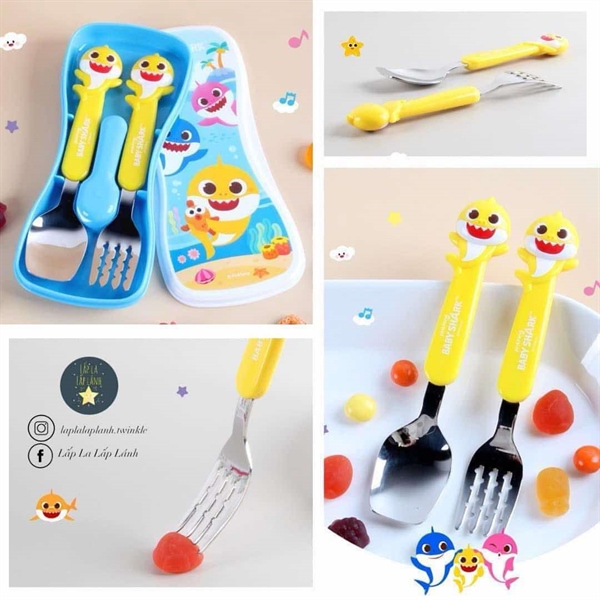 Aizoum Set muỗng nĩa Babyshark Vàng kèm hộp xanh