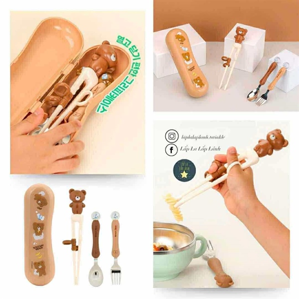 Lilfant Set muỗng nĩa đũa tập gắp kèm hộp Gấu nâu