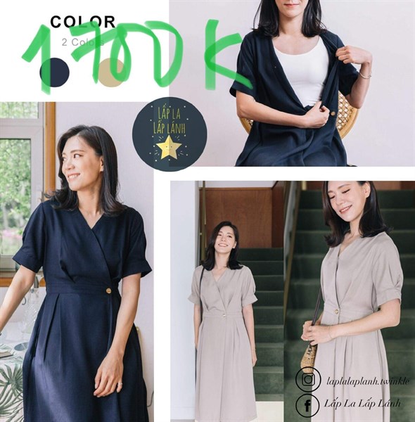 Konny Đầm bỉm sữa đan chéo nút eo Xanh Navy