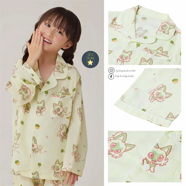 Spaokids Set pyjama Pokemon xanh dài tay cổ V size 130