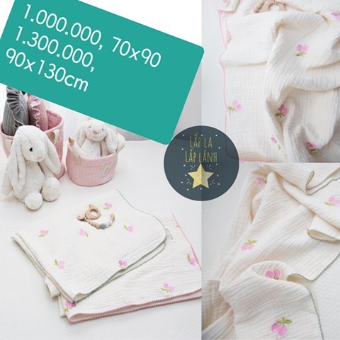 Naturestitch Chăn Vải Họa Tiết Cherry Hồng Cuống Xanh Nền Trắng Viền Hồng 70x90cm