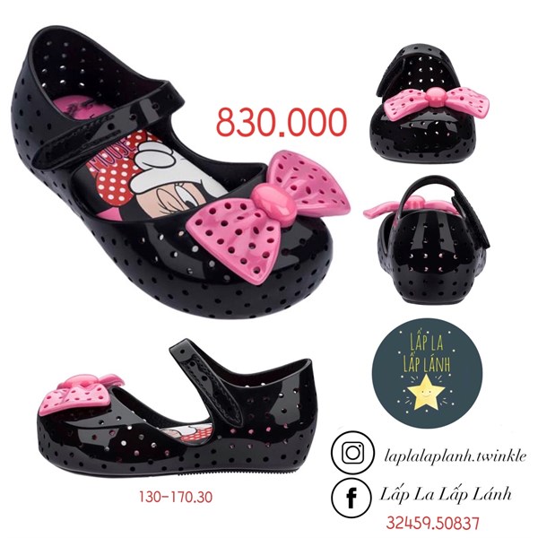 Minimelissa Giày búp bê lỗ Đen nơ Hồng size 140