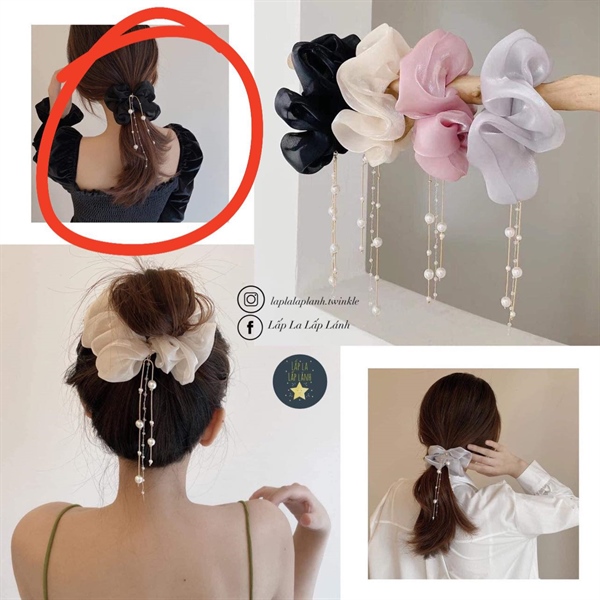 Byladies Scrunchies voan dây ngọc trai Đen
