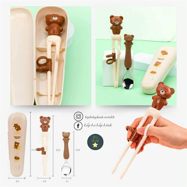 Lilfant Set muỗng đũa tập gắp kèm hộp Gấu nâu
