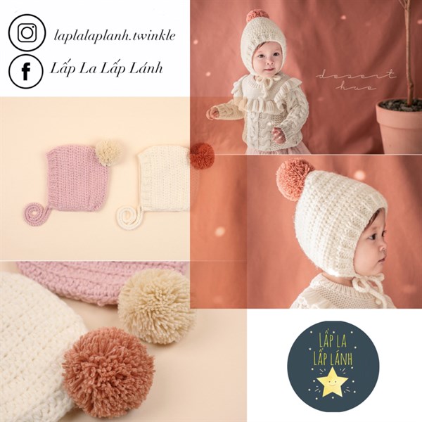 Happy Prince Nón chóp len đan thẳng quả bông Hồng đậm