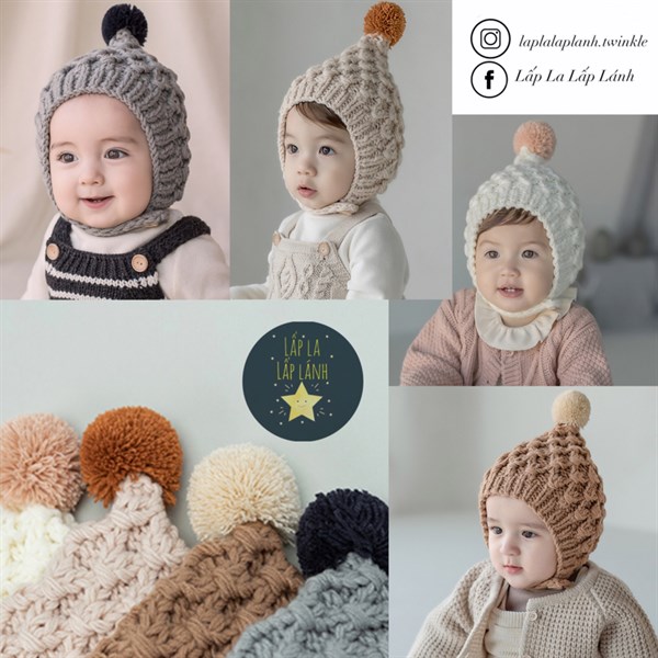 Happy Prince Nón chóp len đan chéo quả bông Trắng