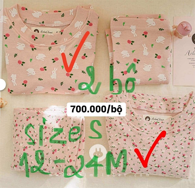 Arimcloset Set đồ màu Hồng họa tiết hoa size S 12-24m