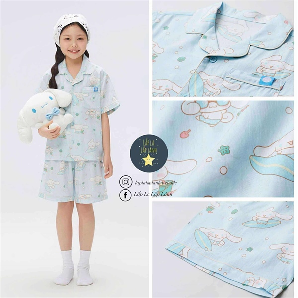 Spaokids Set pyjama Cinnamoroll xanh ngắn tay cổ V size 130