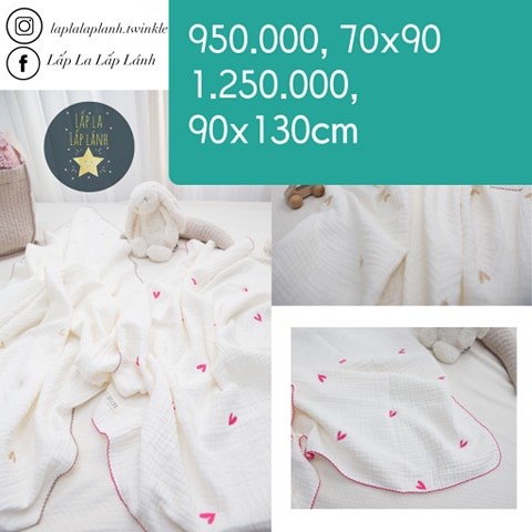 Naturestitch Chăn Vải Pink Heart Nền Trắng Viền Hồng 90x130cm