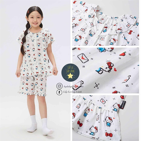 Spaokids Set pyjama Kitty trắng ngắn tay cổ bèo size 130