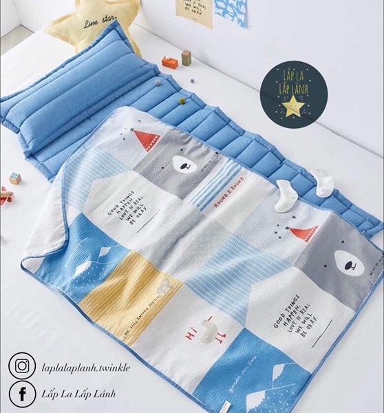 Decoone Set Ngủ Gấu ô vuông Blue + Túi chống thấm