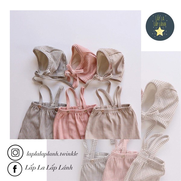 Peekaboo Quần yếm + Mũ buộc Kẻ Ô Đỏ size 6m