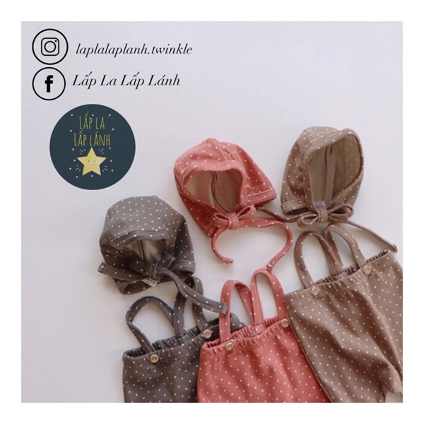 Peekaboo Quần yếm + Mũ buộc Chấm bi Nâu size 6m