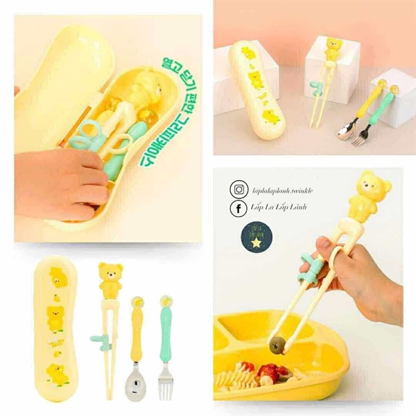 Lilfant Set muỗng nĩa đũa kèm hộp Gấu vàng