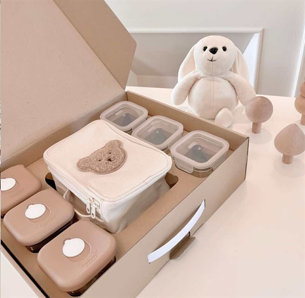 Glasslockbaby Set 6 hũ trữ thủy tinh 270mL kèm túi giữ nhiệt Gấu nâu