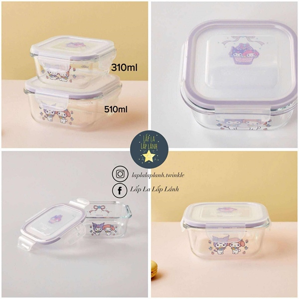Corelle Hộp trữ thủy tinh vuông Kuromi 510ml