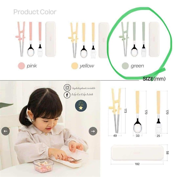 Edison Set muỗng nĩa đũa tập gắp Xanh kèm hộp